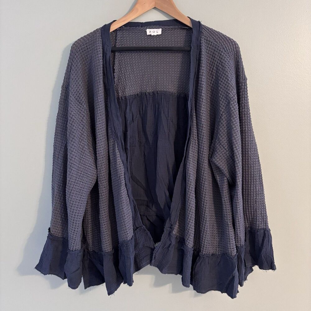 POL Waffle Knit Kimono Cardigan Grey Ruffle Hem Boho Nomad Oversized Women Sz S